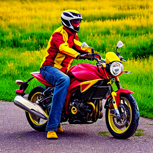 059_yellow and red motorcycle with a man riding on it next to grass.png